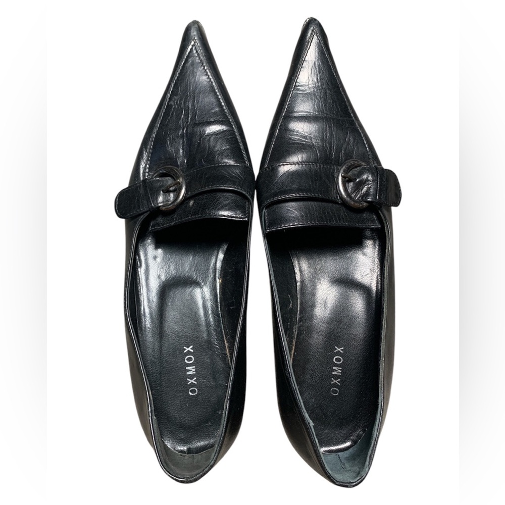Oxmox Black Italian Leather Pointed Toe Buckle Loafers Flats EU 37‎